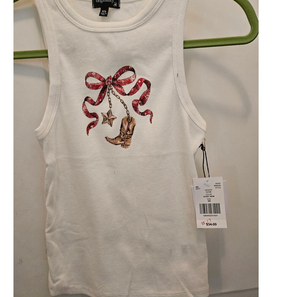 NWT Originality XS Ivory Ribbed Tank Top Western Red Bow, Star and Boot